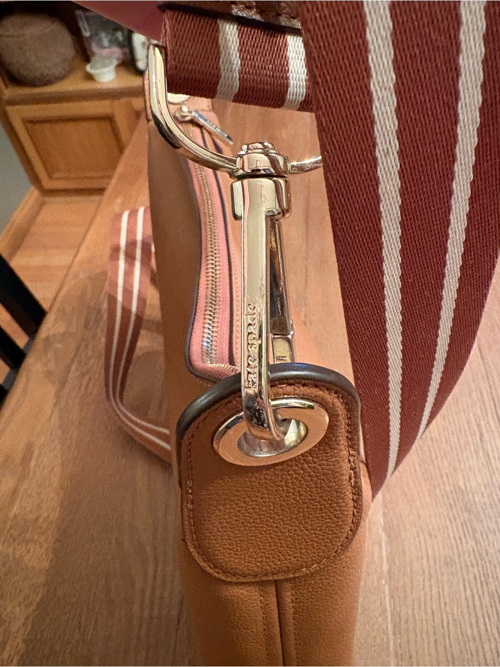 Kate Spade Tan Pebbled Leather Crossbody Bag with long adjustable striped strap - Picture 9 of 11